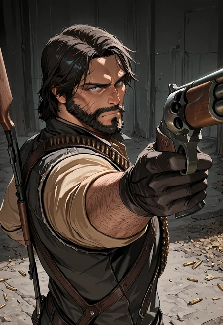 1boy, rdr1j0hnmarston, mature male, unkempt medium dark brown hair, dark grey eyes, scruffy beard, facial scar on right cheek,
dark grey sleeveless denim vest, beige shirt, black gloves, bullet loop bandolier, rifle on back, red scarf,
standing, holding gun, aiming at viewer, upper body, close up, looking at viewer, action shot, slightly top angle, side view,
masterpiece, best quality, absurdres, newest, perfect quality, detailed background, intricate details,
