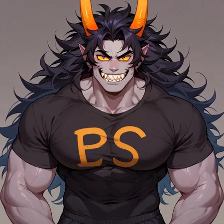 score_9, score_8_up, score_7_up, score_6_up, score_5_up, score_4_up,
1boy, solo, buff, muscular, hunky, horns, troll, grey skin, yellow sclera, purple eyes, purple symbol on shirt, black shirt, black sweatpants, black hair, long hair, messy hair, huge pecs, horns, smug eyes, smug grin, sharp teeth,