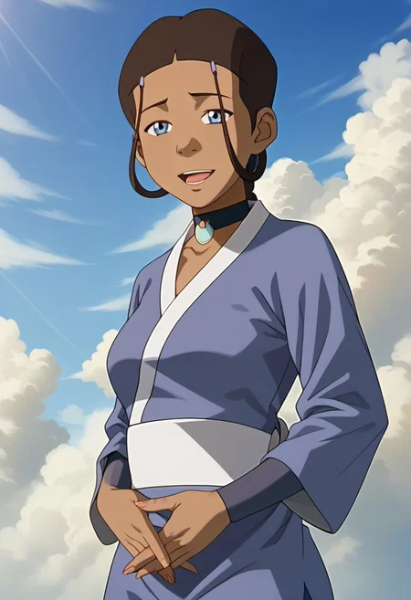 score_9, score_8_up, score_7_up, realistic, realism, HD, perfect quality, 16k, very detailed, realistic lighting, detailed face, BREAK, (((good_hands))), (((perfect eyes, bedroom eyes, (light smile:0.5)))), BREAK, solo, 1girl, (((Katara-BookWater, blue eyes, short hair, brown hair, hair ornament, dark skin, dark-skinned female))), eye_focus, ((medium breasts, big ass)), (bedroom eyes), looking at viewer, nervous, seductive, sensual, medium body size, slightly small neck, plumb body, voluptuous hips and thighs, curvy body size, microwaist, (feminine body, soft body:1.5), BREAK, dark skin, brown hair, dark-skinned female, cloud, sky, open mouth, choker, grey eyes, japanese clothes, hair ornament