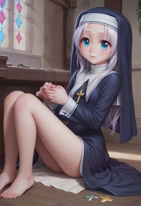 score_9, score_8_up, score_7_up, maria, nun,1girl, long hair, detailed blue eyes, cute, adorable, innocent, full body shot, detailed, pure, soft, sitting