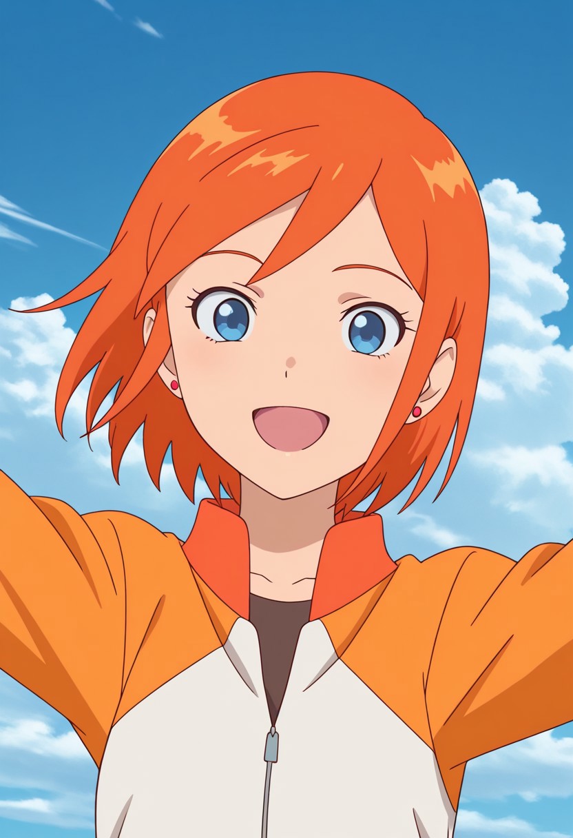 masterpiece, best quality, source_anime,official art,perfect_anatomy,luna,1girl,blue eyes,short hair,orange hair,earrings,jewelry,jacket,looking_at_viewer,smile,open_mouth,upper body,day,blue_sky,cloud
