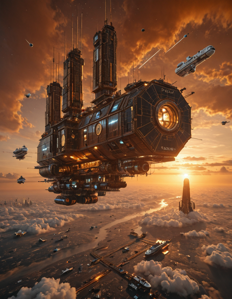 <lora:Space_Worlds_Minis_3:1> swminis3all. swminis3bis, mothership, space station, sunset, steampunk