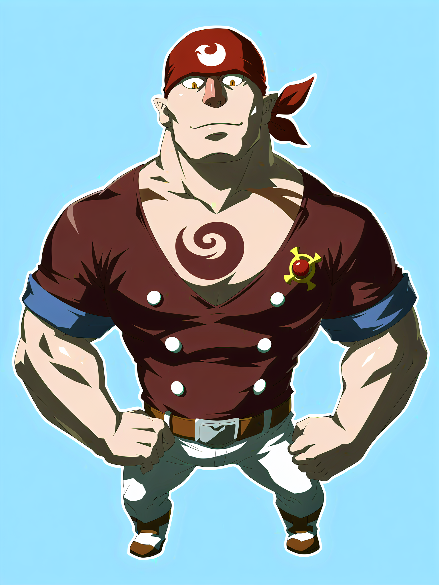 safe_pos, safe_pos, safe_pos, core_9, score_8_up, score_7_up, score_6_up,
Gonzo,Alfonzosource_game, rating_explicit, high detail, perfect face, manly face, very close-up, detailed face, Male focus, Muscular male, Big muscles, Himbo, Bara,defined lips, defined chin, defined nosesuper gay,full-body,red bandana,Tattoo of blue waves in the center of his chest,by rycanthropy, male focus, muscular, bara