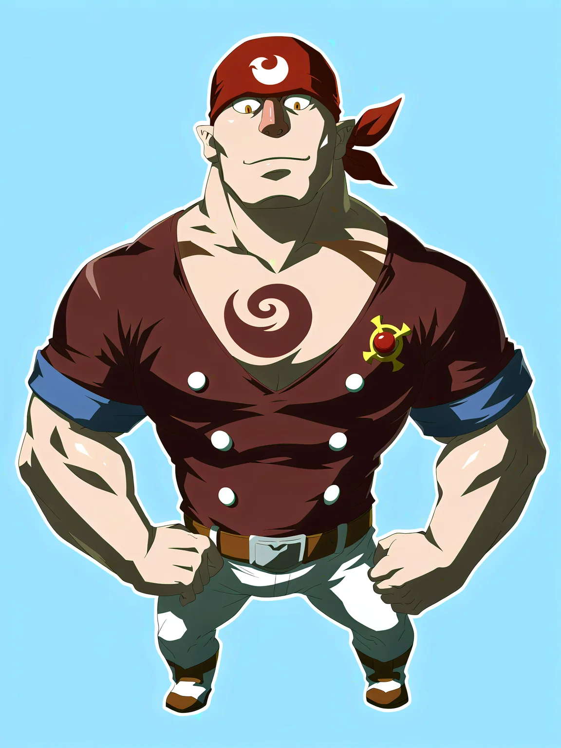 safe_pos, safe_pos, safe_pos, core_9, score_8_up, score_7_up, score_6_up,
Gonzo,Alfonzosource_game, rating_explicit, high detail, perfect face, manly face, very close-up, detailed face, Male focus, Muscular male, Big muscles, Himbo, Bara,defined lips, defined chin, defined nosesuper gay,full-body,red bandana,Tattoo of blue waves in the center of his chest,by rycanthropy, male focus, muscular, bara