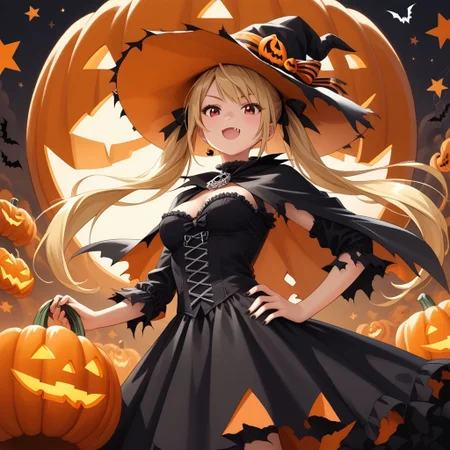 long twintails, blonde hair, pumpkin hat,medium breasts ,fang
gothic dress,torn cloak,
halloween, halloween costume,pose
arm raised on the hat,hand hip
Low-angle view
score_9, score_8_up, score_7_up, masterpiece, best quality, source_anime, source_hentai, uncensored, detailed background,