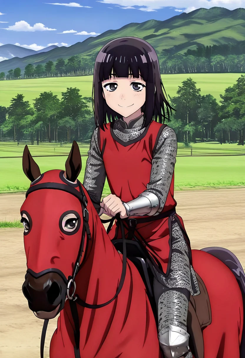masterpiece, best quality, absurdres, detailed skin, detailed eyes, anime colored, anime screencap,
<lora:Suzushiro_Hatsuka_IL-000008:0.8>, 1 boy, femboy, Suzushiro Hatsuka, black hair, black eyes, looking at viewer, chainmail, smile, no headwear,
<lora:Riding_horse_with_Caparison_IL:0.9>, ((colorful horsewithcaparison)), riding, horseback riding,
outdoors,