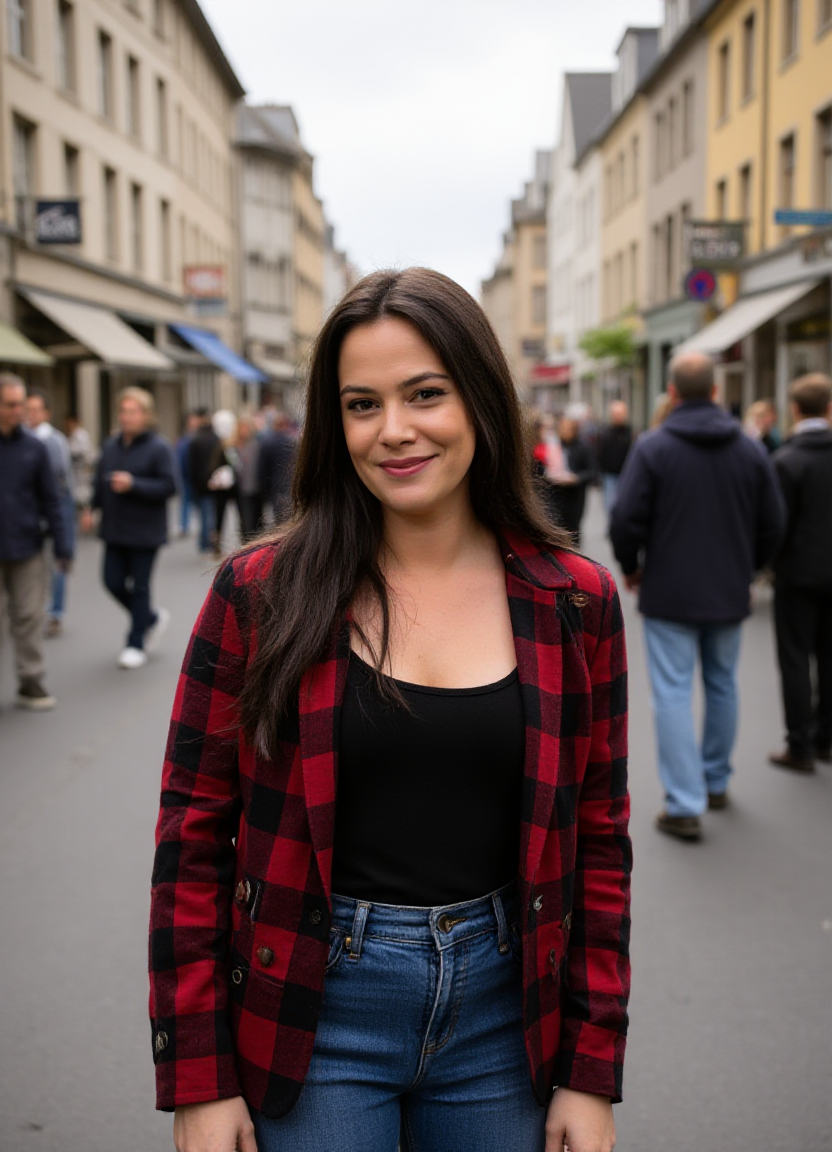 SFW, The image is a portrait of a woman standing on a busy street in a European city. She is wearing a red and black plaid blazer over a black top and blue jeans. She has long e hair and is smiling at the camera. The street is lined with buildings on both sides and there are people walking on the sidewalk. The sky is overcast and the overall mood of the image is happy and relaxed., aidmaimageupgrader<lora:flux\custom\celebrity\lisa-synder.safetensors:1.0:1.0> <lora:turbo-8-step-flux.safetensors:0.5:0.5> <lora:flux\style\Common\aidmaImageUprader-FLUX-v0.3.safetensors:0.25:0.25>