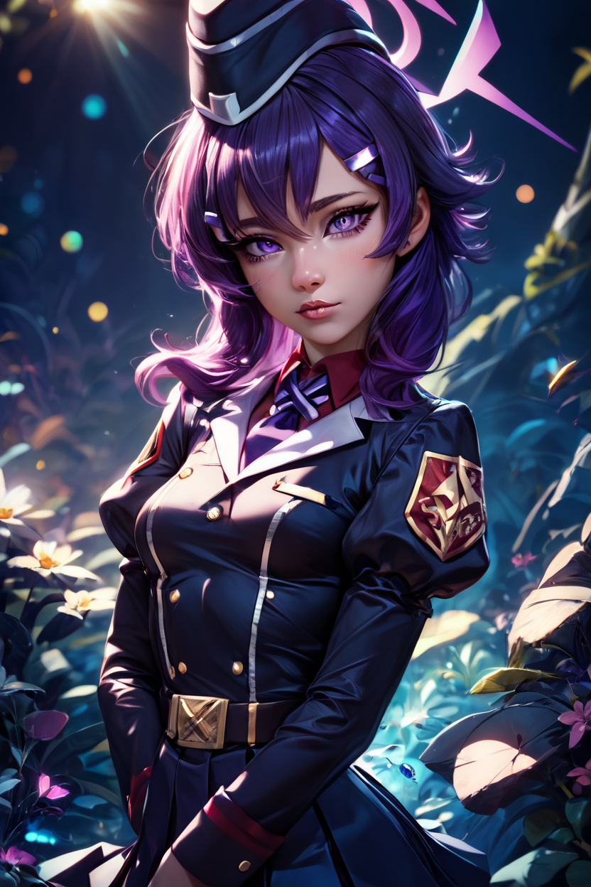 score_9, score_8_up, score_8, medium breasts, (curvy), cute, eyelashes,       BREAK, , ,,, zzHaruka,  Haruka (blue archive), purple eyes, purple hair, medium hair, halo, hairclip, purple halo, hat black skirt, garrison cap, juliet sleeves, black jacket, pleated skirt,  <lora:Haruka_BlueArchive_PDXL:0.8>,    ,,,, BREAK,  (ultra realistic,32k, masterpiece:1.2),(high detailed skin:1.1),( high quality:1.1), head tilt, lips, closed mouth, shiny clothes, (upper body), looking at viewer, bokeh, luminescent background, ,,, embedding:zPDXL, Expressiveh, ,,, <lora:RlAnmPDXL:1.0>,