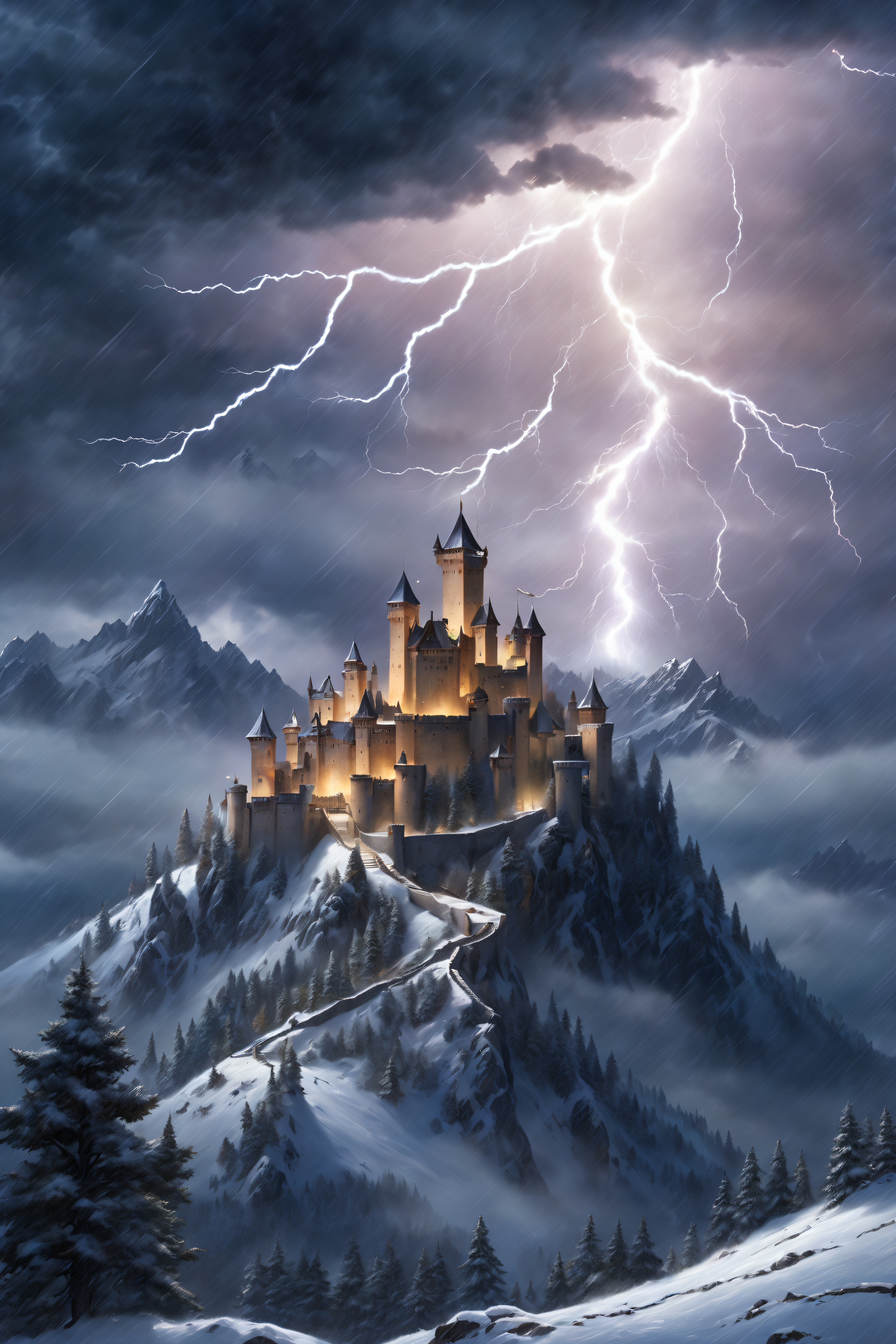 high mountain, castle, towers, (snow storm:1.3), night, lightning, clouds <lora:surrealityLoraVersion_1:1>, (masterpiece:1.2), best quality, (hyperdetailed, highest detailed:1.2), high resolution textures, <lora:EnvyBetterHiresFixXL01:1>
