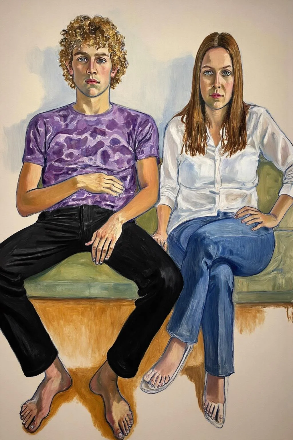 aliceneel2 painting.
A young man and a woman sit closely together on a bench. On the left sits a young man with curly blonde hair, wearing a purple shirt with a wavy pattern and black pants. He is barefoot, and his knees are far apart. On the right sits a woman with long straight brown hair. She has one hand resting on her stomach. She wears a white shirt and blue jeans. She has one hand resting on her waist. The background is a simple, light-colored wall, and the bench has a green cushion. <lora:aliceneel2_d8a4:1.0><lora:866270581471896257:0>