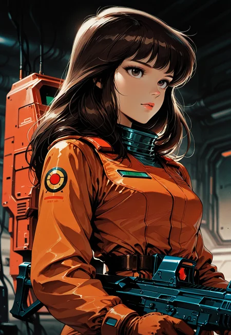 Masterpiece, best quality, amazing quality, absurdres, extreme clarity, detailed face, MythAn1m3, Smooth Quality, solo,

1girl, (dark brown hair:1.2), full lips, small breasts, long hair, (dark brown eyes:1.2), beautiful eyes, luminous hair, bangs, she is short, retro science fiction, 80s artstyle, retro, sci-fi,

She is on mars, she is wearing a space suit, she is holding a sci-fi rifle,