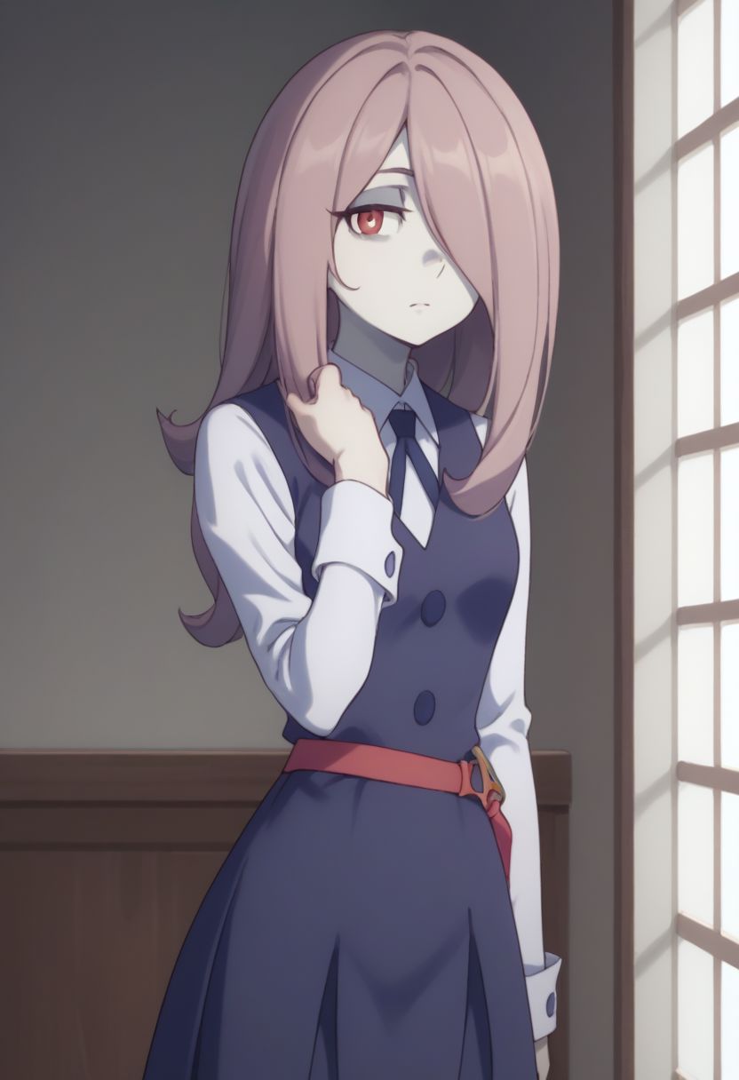score_9, score_8_up, source_anime, highly detailed, 1girl, solo,
sucy, 1girl, pale skin, luna nova school uniform, solo, hair over one eye, school uniform, long hair, red eyes, pink hair, witch,
indoor,