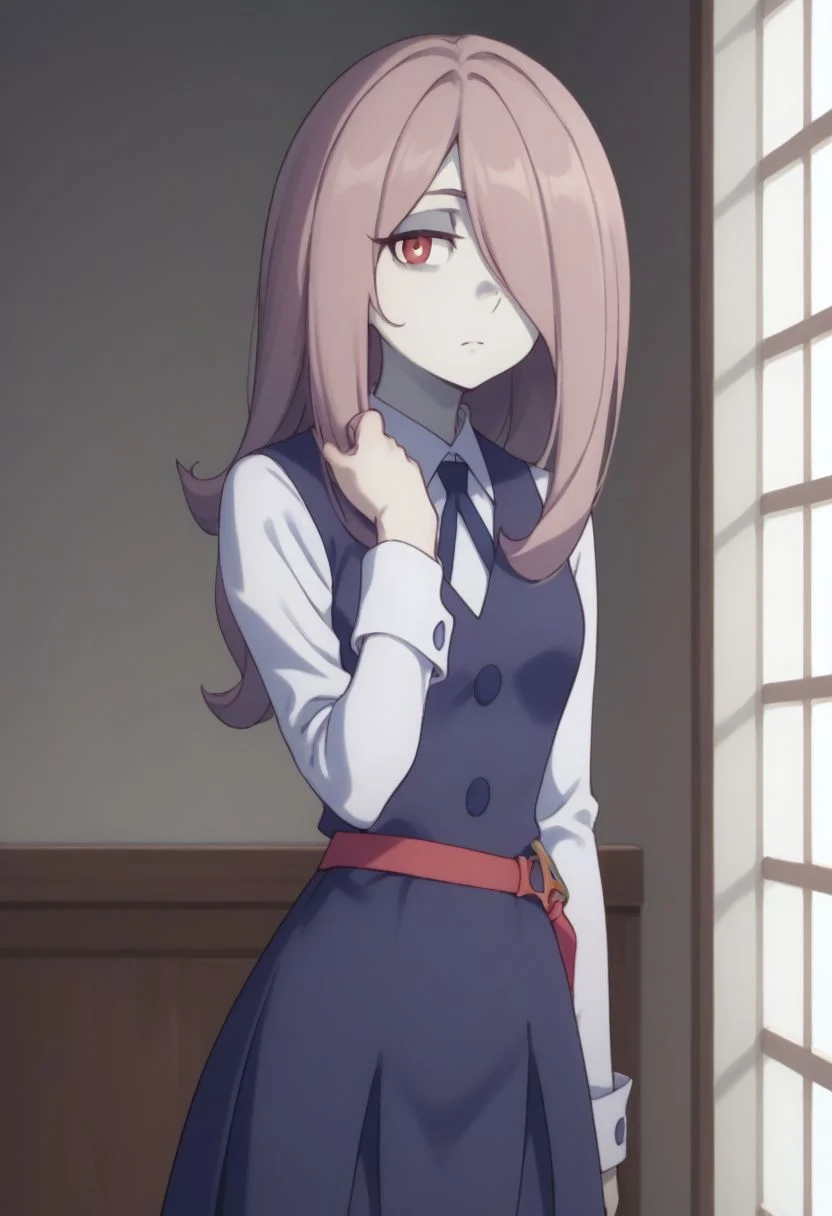 score_9, score_8_up, source_anime, highly detailed, 1girl, solo,
sucy, 1girl, pale skin, luna nova school uniform, solo, hair over one eye, school uniform, long hair, red eyes, pink hair, witch,
indoor,