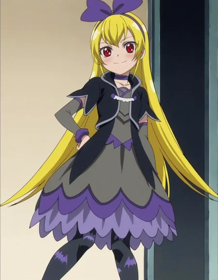 score_9, score_8_up, score_7_up,anime screencap,1girl,solo,regina, 1girl, bat print, pantyhose,red eyes, choker, smile, bow, cropped jacket, hair bow, print legwear, purple ribbon, dress, looking at viewer, purple bow, hairband
small breasts,cowboy shot ,blush,<lora:regina:0.8>