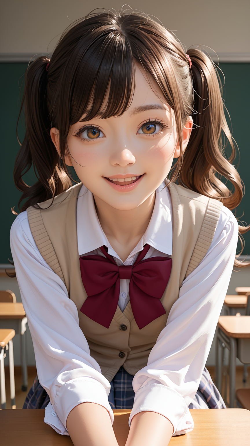 source_anime, score_9, score_8_ up , score_7_ up , score_6_ up , Uncensored, nsfw, best quality,realistic,photorealism,extremely detailed,8k wallpaper,(perfect anatomy, correct limb:1.2),real skin,(skin pores:1.2), BREAK ,1 girl, asian girl, ,cute japanese girl, solo, big eyes, eyelashes, beautiful face, Arched eyebrows,droopy_eyes,cute eyes,dark brown eyes,Rounded chin, beautiful skin, dark brown hazel eyes, beautiful eyes, japanese girl , ((School uniform, red bowtie, white knit vest,  plaid skirt,  silver peas)), white shirt, white sleeves, Elegant black hair, very long Hair, curly hair, twintails, looking at viewer, Smile, sitting on school desk, from below,, soft lighting, side for face warm lighting, dynamic action, riding on classroom desk, blush, smile, open mouth,  wide shot. <lora:addetailv3_by_n0utis_pony:0.5> <lora:zy_Detailed_Backgrounds_v1:0.4>  <lora:noc-AestheticScene_Pony:0.4>
