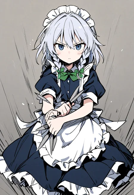 1girl, izayoi sakuya, touhou, solo, maid headdress, maid, apron, short sleeves, dress, closed mouth, white apron, looking at viewer, maid apron, puffy short sleeves, frills, puffy sleeves, black dress, frilled apron, hair between eyes, outdoors, blush, throwing knives, knives, serious face, upper body, masterpiece, best quality, very aesthetic, absurdres
kzit