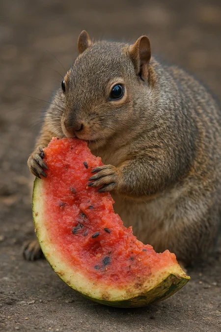 fat squirrel eating a piece of old watermelon, hyper realistic