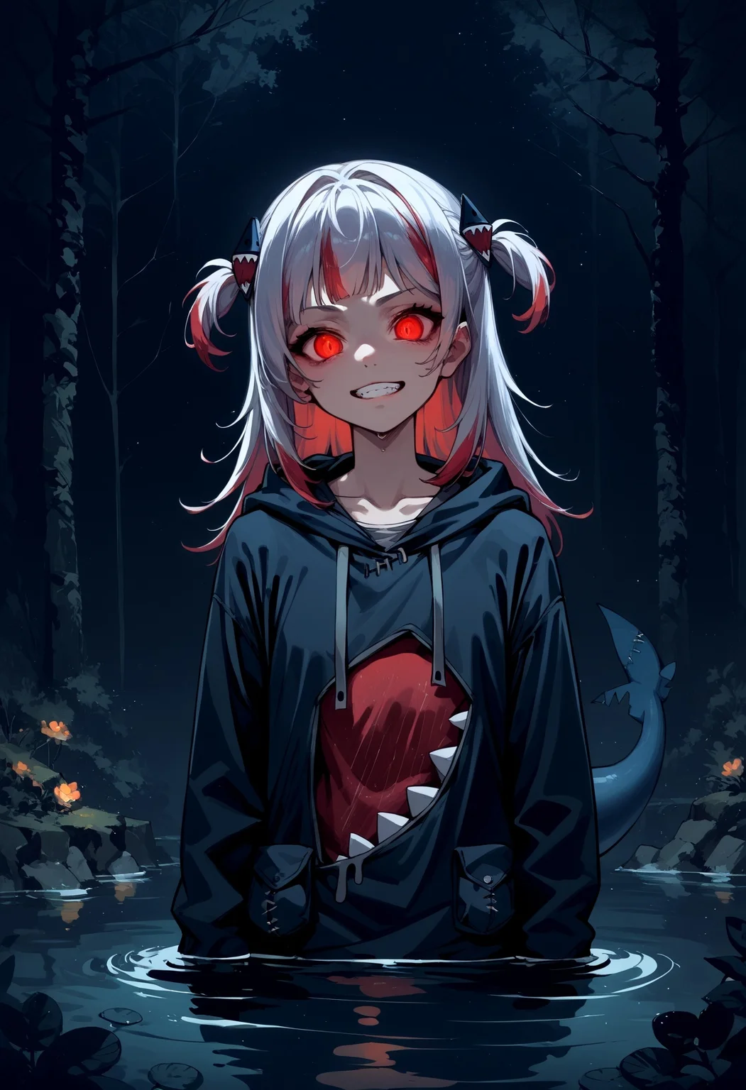 score_9, score_8_up,score_7_up,score_6_up, source_anime, dark environment,ph4nt0m01l
BREAK
forest,pond,
BREAK
partially submerged,grin, glowing eyes, head tilt,
gura_red, dark persona, red eyes, streaked hair, two side up, shark hair ornament, blood, shark tail, black hoodie,
<lora:guraXL:0.8> <lora:ph4nt0m01lXLP:0.8>