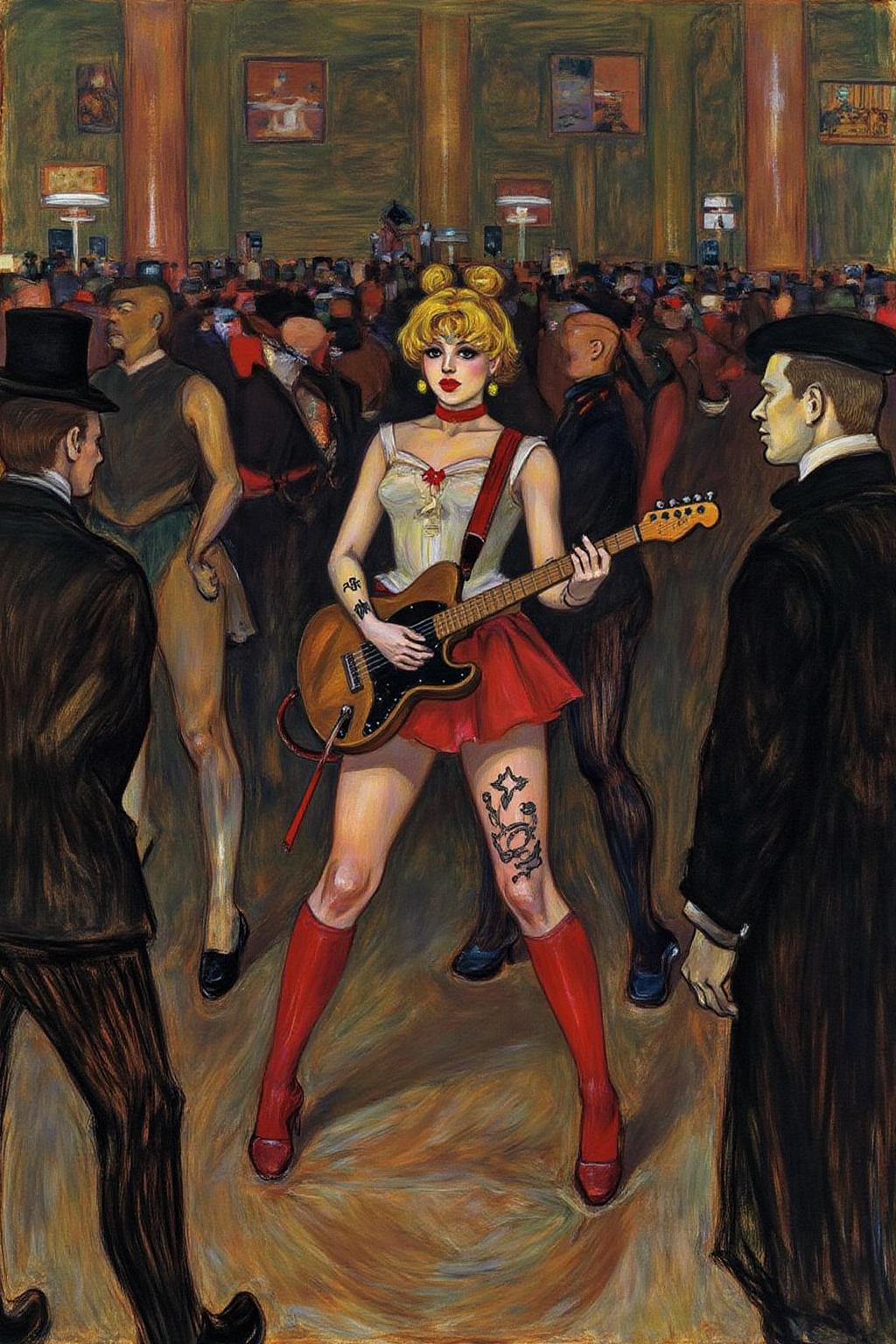 lautrec1 painting
punk sailor moon playing a guitar at a heavy metal mosh pit, tattoos, pearcing. <lora:lautrec4_nocap_d6a3:1.0><lora:813629843104165925:0>