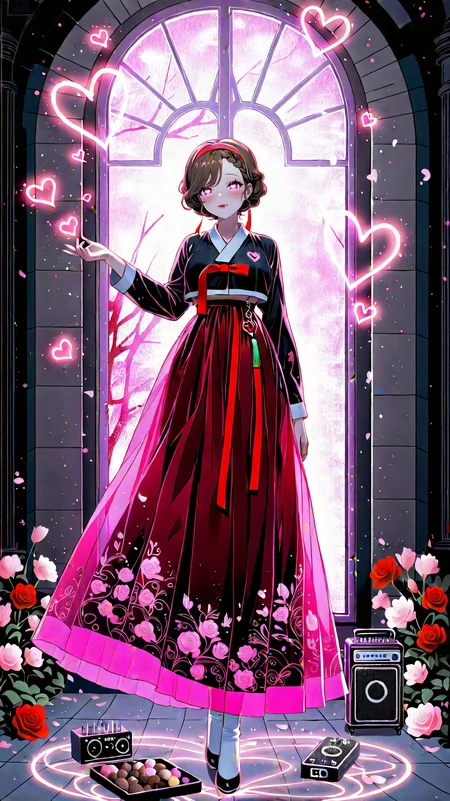 IllusP0s_1097608, (masterpiece), (best quality), (ultra-detailed), amazing quality, very aesthetic, illustration, perfect composition, intricate details, absurdres, incredibly absurdres, BREAK,
hot attractive girl , Romance,a man proposing to the love of his life,pink flower, happy valentine, valentine,cherry blossoms, a man and woman falling in love at a wedding,true love,love aura,pink light, (full body shot ) of two lovers feeding each other, detailed face, detailed hands, detailed eyes, located in a romantic scene at a secluded rooftop terrace during night with snowy weather, illuminated by starlight, creating a serene atmosphere,chocolate,
,see-through cleavage, sonic sound amplifier,evening,red light ,romantic atmosphere,heart, heart-shaped pupils, (love):1.5,(hanbok,korean clothes,clothed underbust,hanfu),closed mouth,ribbon,,love symbol,( floating heart, heart circle):1.5. hip armor, pink , many red rose,
she has short hair,hair over one breast,(wavy hair:1.2, ),brown hair,braided bangs, hairband ,
<lora:NSFWFilter_illusXL_Incrs_v1:-1>,(stained_glass,stained_glass_print,sglass style),bird_motif,hand on another's chest <lora:blacklight_anime_art:1>blacklight,