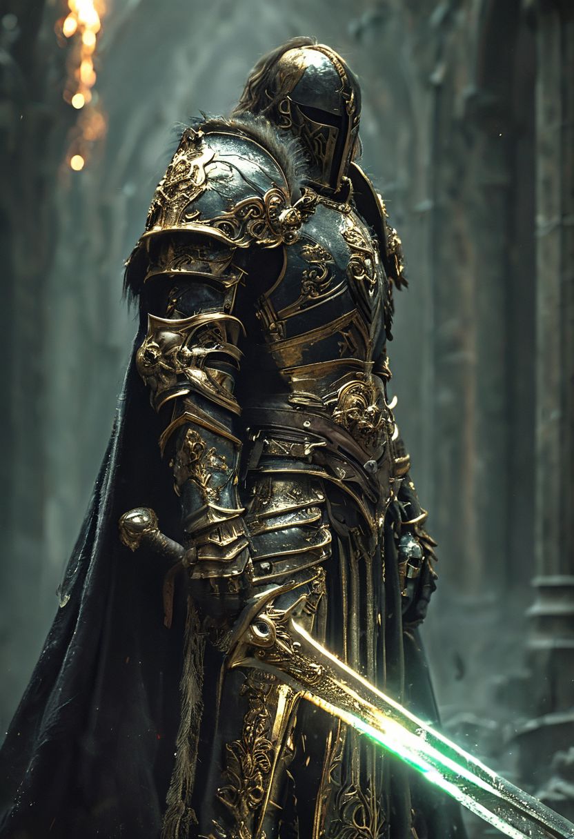 A stunning, highly detailed dark fantasy full body illustration of a proud godly warrior wearing intricate medieval golden and black HKStyle armor and an epic golden and black ornamented mask, holding a great golden glowing sword, golden glooming eyes, very wide shoulders, wearing big gauntlets, epic composition. The warrior stands heroic with a flowing black cloak and black hood with foggy gloom and golden dust, godrays in the background, clear sky. The scene depicts him with brooding emotional agony , style by Greg Rutkowski, by Milo Manara and Russ Mills, with insanely intricate details and textures, gloomy dramatic lighting, 8K resolution