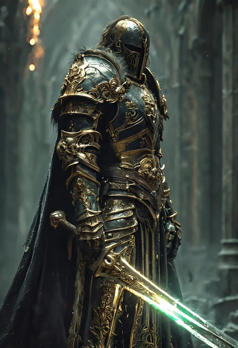 A stunning, highly detailed dark fantasy full body illustration of a proud godly warrior wearing intricate medieval golden and black HKStyle armor and an epic golden and black ornamented mask, holding a great golden glowing sword, golden glooming eyes, very wide shoulders, wearing big gauntlets, epic composition. The warrior stands heroic with a flowing black cloak and black hood with foggy gloom and golden dust, godrays in the background, clear sky. The scene depicts him with brooding emotional agony , style by Greg Rutkowski, by Milo Manara and Russ Mills, with insanely intricate details and textures, gloomy dramatic lighting, 8K resolution