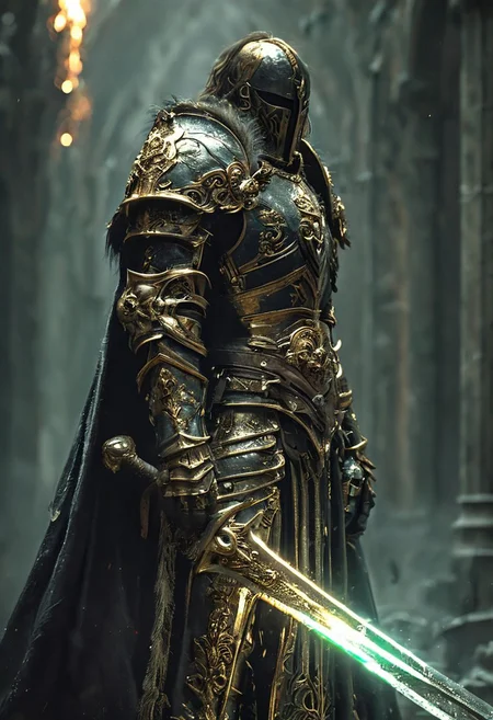A stunning, highly detailed dark fantasy full body illustration of a proud godly warrior wearing intricate medieval golden and black HKStyle armor and an epic golden and black ornamented mask, holding a great golden glowing sword, golden glooming eyes, very wide shoulders, wearing big gauntlets, epic composition. The warrior stands heroic with a flowing black cloak and black hood with foggy gloom and golden dust, godrays in the background, clear sky. The scene depicts him with brooding emotional agony , style by Greg Rutkowski, by Milo Manara and Russ Mills, with insanely intricate details and textures, gloomy dramatic lighting, 8K resolution