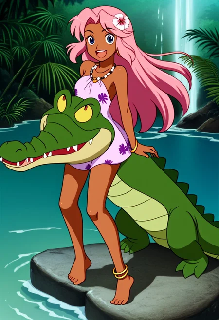 Tick tock crocodile,male animal focus,tail, crocodile open large mouth ,green skin, blue eyes, Tick Tock the crocodile is giant and very huge size,teeth, swimming in water,partially submerged,Tick Tock the crocodile looking at a young girl who she is standing on rock cliff. Little_Girl_anime_manga,long hair,pink hair, dark-skinned female,the girl her very smal size, purple eyes, ancient tropical_clothe, chest_band,red very long_dress, jewelry, dark skin, smile, necklace,hair flower, bracelet, anklet, barefoot,open mouth,river,palm trees, jungle, Disney, waterfall,anime, manga