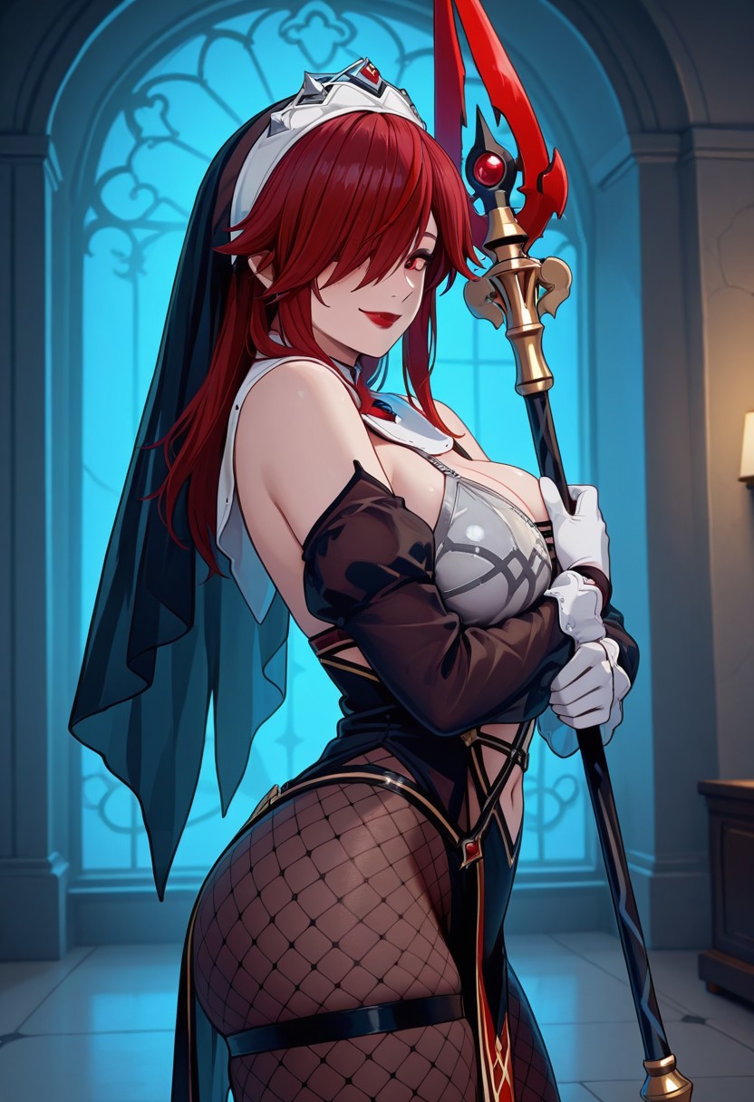 score_9,score_8_up,score_7_up,  detailed anime, screencap. source anime, masterpiece, detailed photo, perfect body, perfect face,pureerosface_v1. 
BREAK
RosariaRegular, 1girl, solo, red hair, long hair, streaked hair, hair over one eye, red eyes, large breasts, red lips, lipstick, navel, wide hips, curvy, 
BREAK
white elbow gloves, fishnet pantyhose, holding spear polearm, holding weapon, bare shoulders, nun habit, jewelry, ruby on chest, silver lines on dress, red and black pelvic curtain, golden lines on pelvic curtain, white dress, two-tone dress, detached sleeves, veil, multicolored headwear tiara, high heel boots,
BREAK
cowboy shot, standing, side view, profile, arms crossed, seductive smile, looking at viewer, fantasy town, night, detailed background,