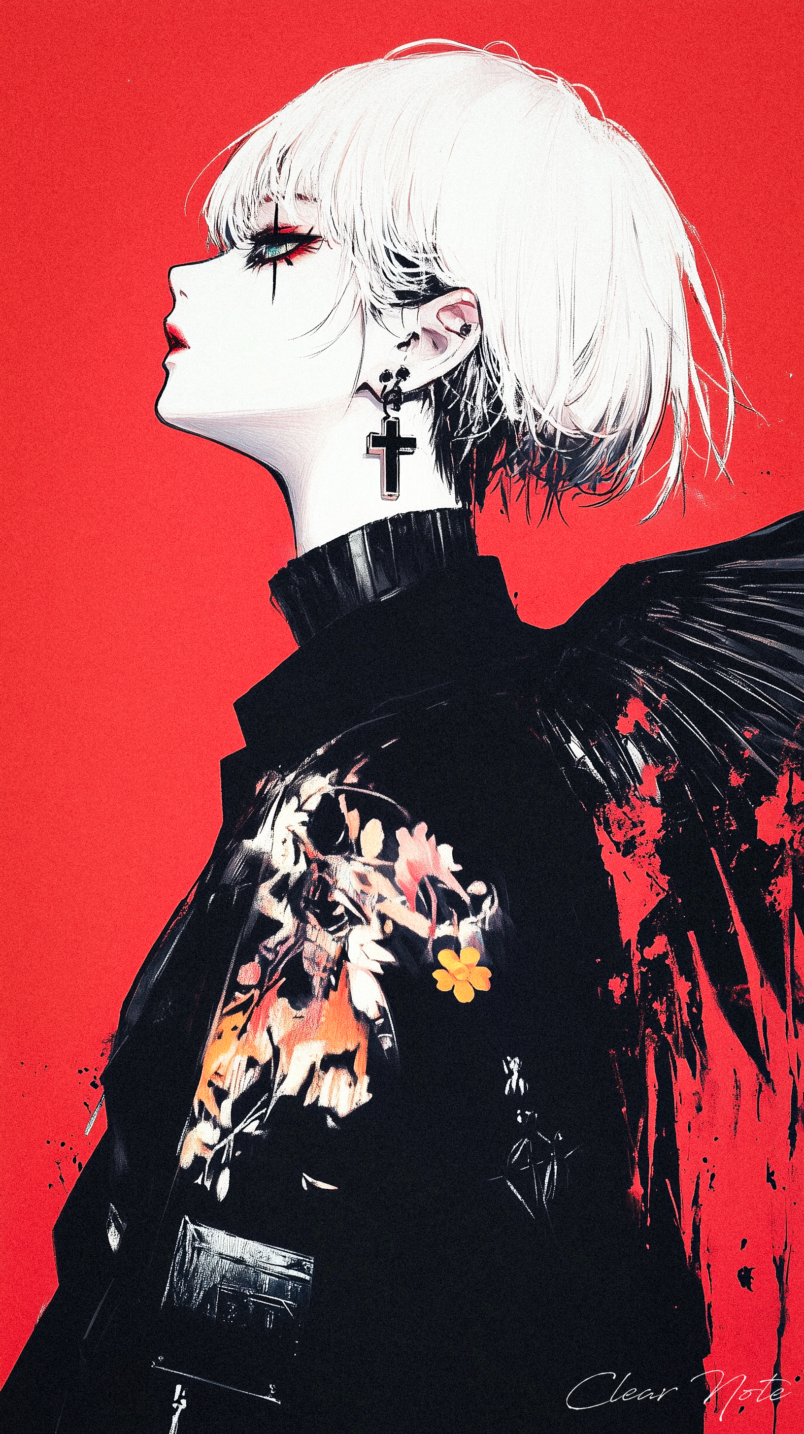 Japanese anime art style, A fierce girl stands alone, her short pink hair contrasting against the sharpness of her expression. A black cross is etched onto her cheek, complementing the cross earrings and other piercings adorning her ears. She wears a black military uniform adorned with yellow flower embroidery, her dark wings spreading behind her. The red background accentuates her powerful aura, while a scar on her face hints at a tumultuous past.