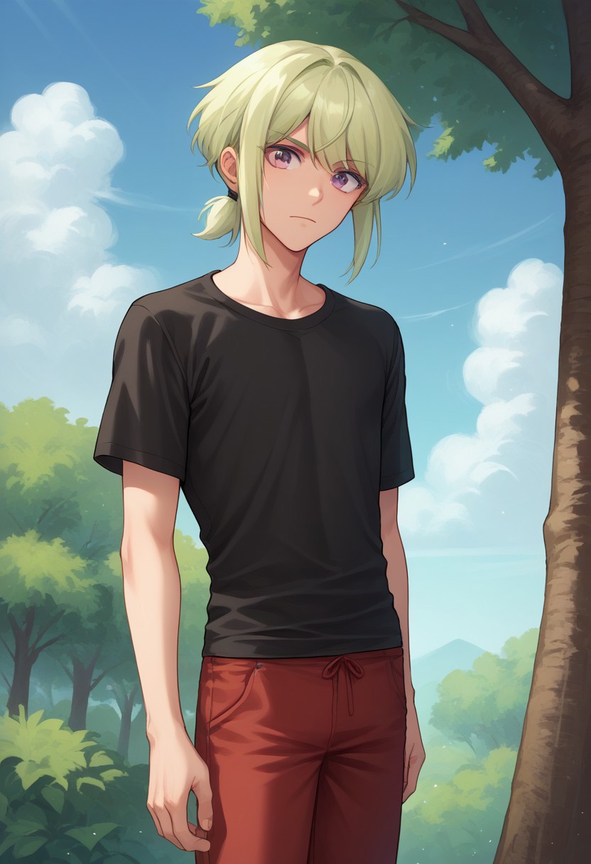score_9, score_8_up, score_7_up, source_anime, highly detailed, 
lio, 1boy, male focus, solo, green hair, red pants, shirt, purple eyes,
pants, t-shirt, black shirt, androgynous, short ponytail, sidelocks,
day, blue sky, tree, clouds,