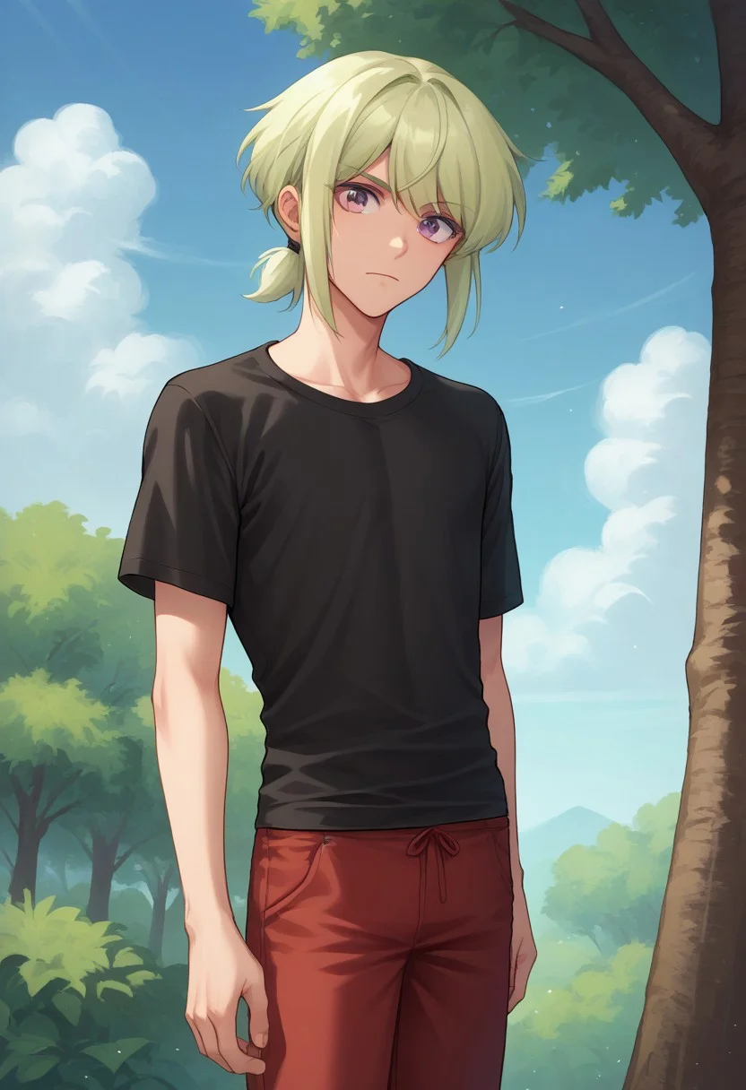 score_9, score_8_up, score_7_up, source_anime, highly detailed,
lio, 1boy, male focus, solo, green hair, red pants, shirt, purple eyes,
pants, t-shirt, black shirt, androgynous, short ponytail, sidelocks,
day, blue sky, tree, clouds,