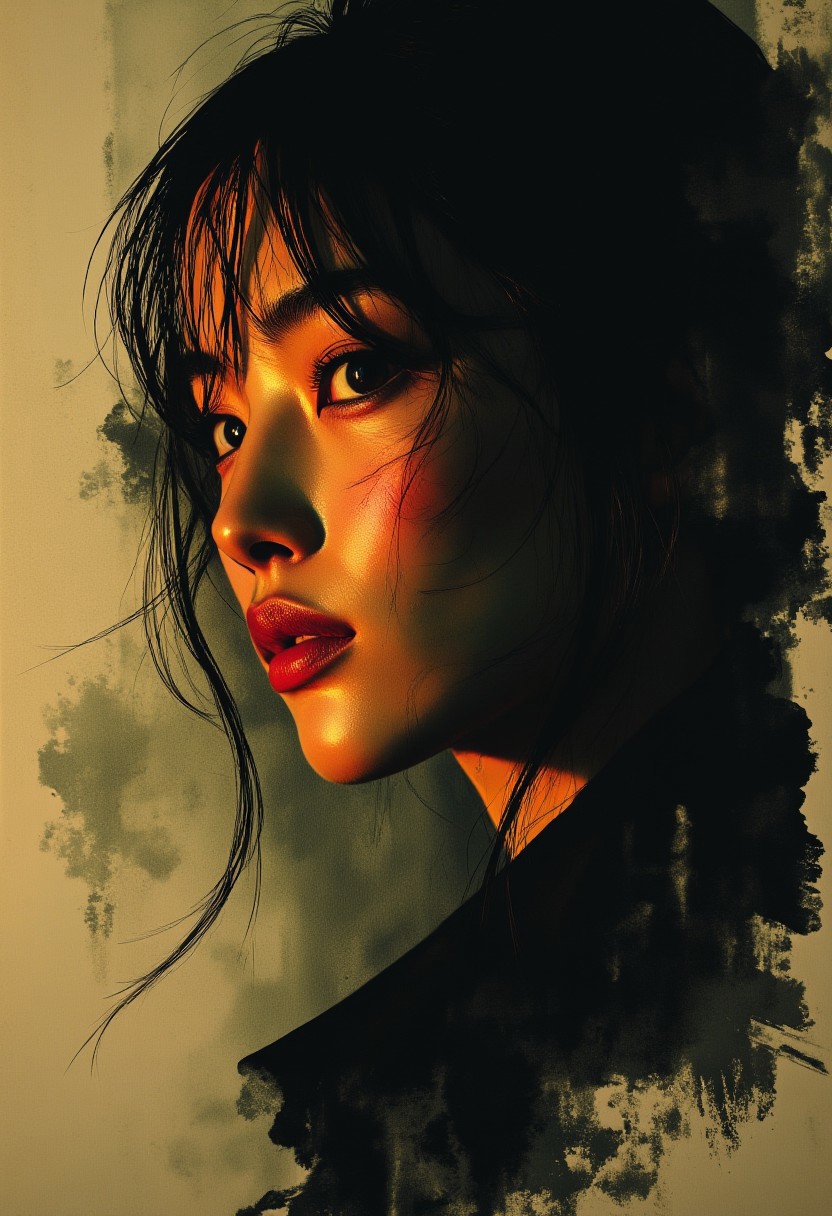 ArsMJStyle, Expressive Watercolor Ink Wash, mwv7_alpha_v01, sepia, henna , inksketch, Silhouette Art, magnificent, dark background, portrait of stunning japanese woman, long dark hair with platinum streaks, sidelocks, bangs, seductive, sultry, lustful, red lips, direct gaze, light hitting one side of face, abstract background