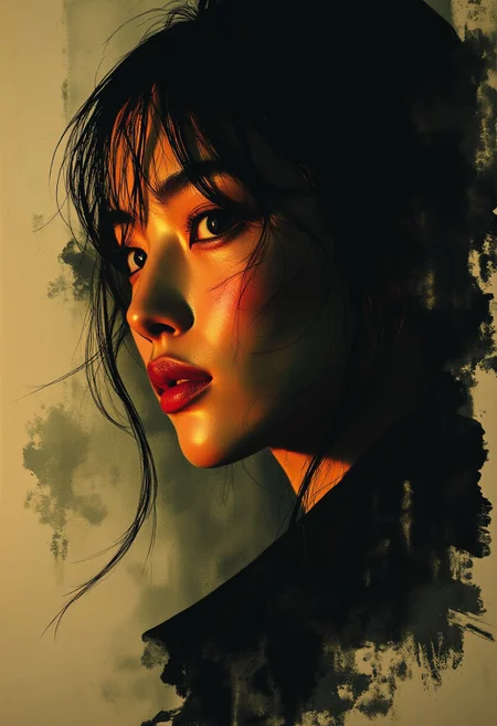 ArsMJStyle, Expressive Watercolor Ink Wash, mwv7_alpha_v01, sepia, henna , inksketch, Silhouette Art, magnificent, dark background, portrait of stunning japanese woman, long dark hair with platinum streaks, sidelocks, bangs, seductive, sultry, lustful, red lips, direct gaze, light hitting one side of face, abstract background