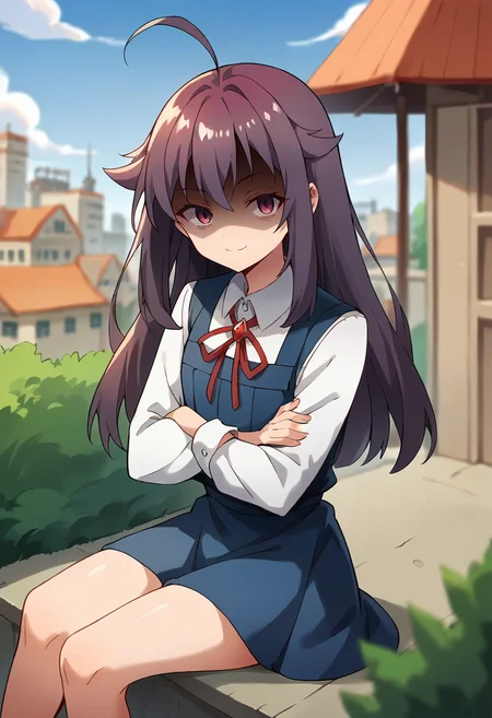 score_9, score_8_up, score_7_up, source_anime, masterpiece, 1girl, ct_ank0, pinafore dress, collared shirt, red ribbon, long sleeves, legs, sitting, crossed arms, shaded face, shiny skin, smile, closed mouth, looking at viewer, outdoors, depth of field, city, <lora:Anko_Koshi_Pony_ct:0.9>