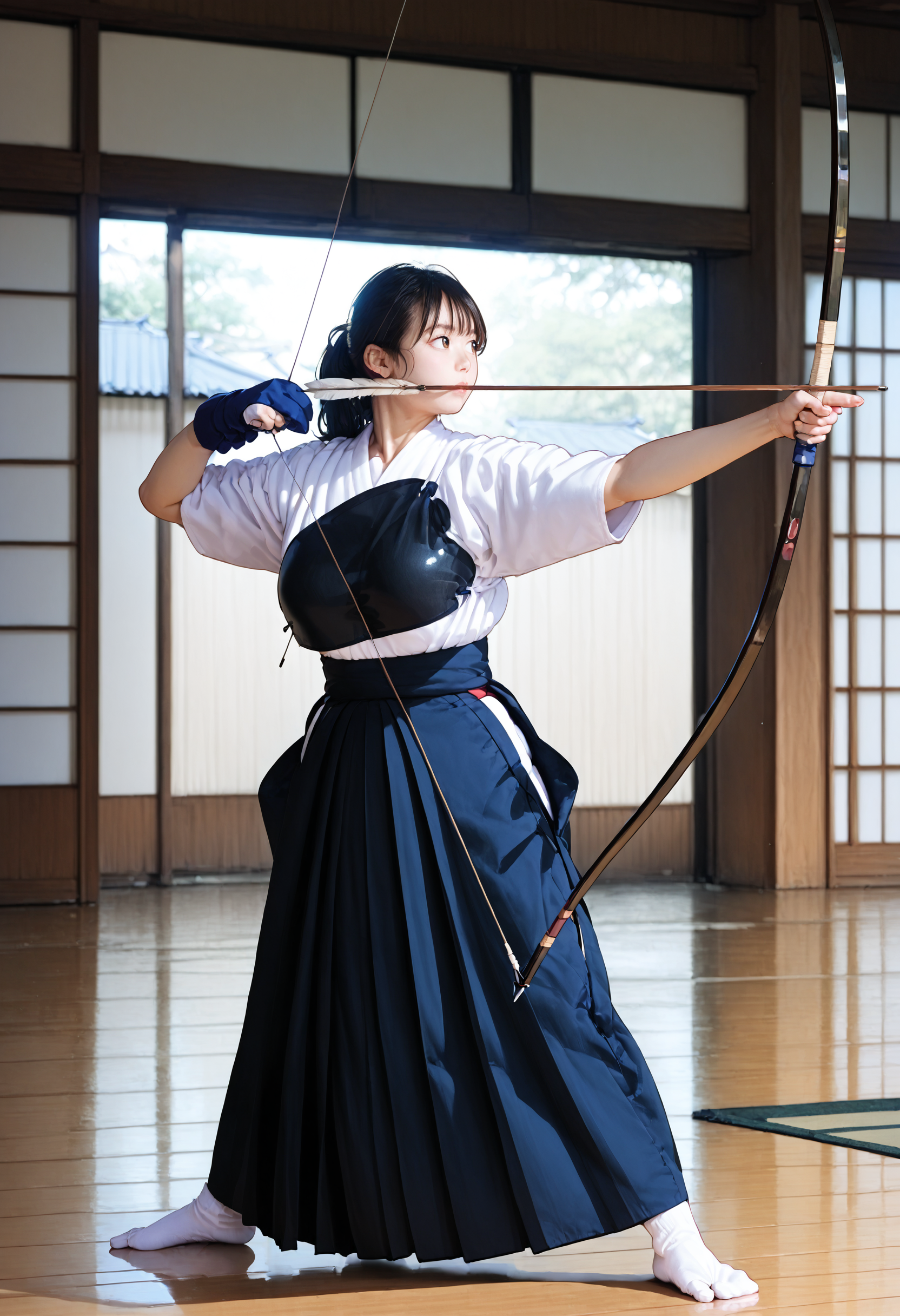 zPDXL3,1girl,full_body,standing,open_stance,indoors,dojo,large breasts,looking to the side,<lora:Pony_DetailV2.0:1> BREAK
kyudo-aiming,holding bow \(weapon\),drawing bow,bow_string,arrow \(projectile\),aiming,partially fingerless gloves,yugake,closed mouth,<lora:kyudo-aiming-pony-v30:0.9> BREAK kyudogi,hakama,muneate,tabi socks,<lora:kyudo-uniform-pony:0.4>,