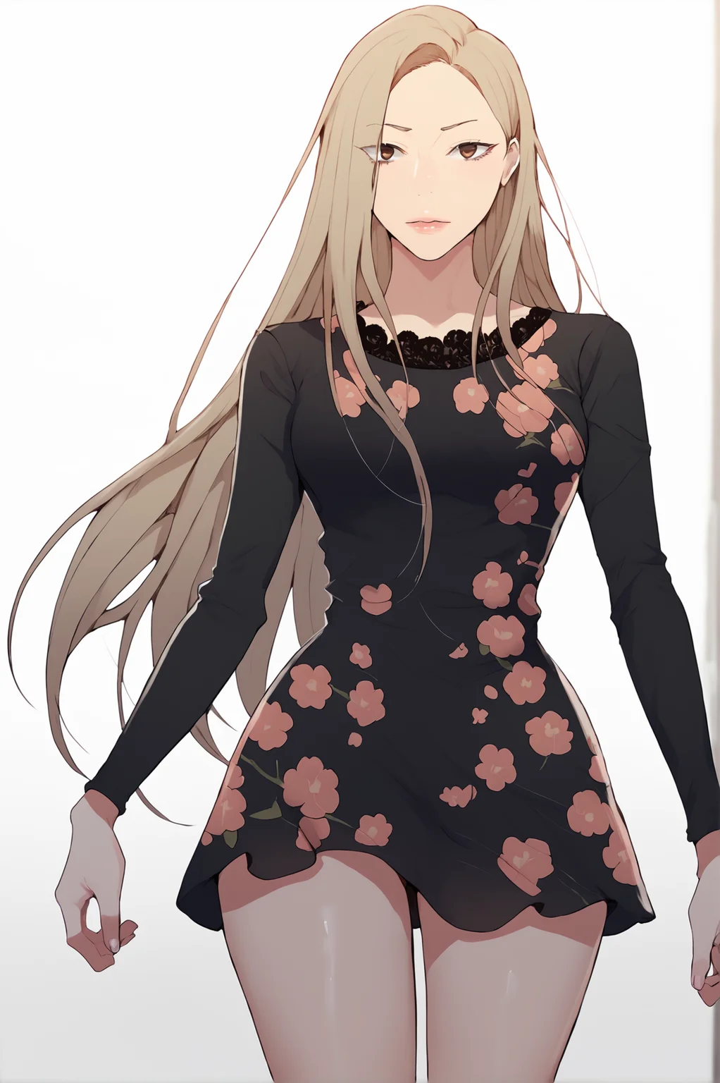 <lora:XL_MiaCha_SC:1> miachadef, blonde hair, brown eyes, long hair, looking at viewer, white background, simple background,
1girl, solo, long sleeves, dress, standing, thighs, black dress, short dress, floral print, print dress, score_9,score_8_up,score_7_up, detailed face, source_anime