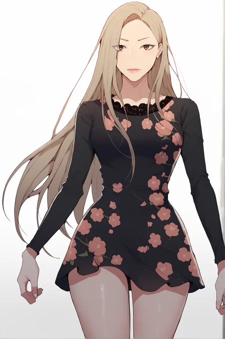 <lora:XL_MiaCha_SC:1> miachadef, blonde hair, brown eyes, long hair, looking at viewer, white background, simple background,
1girl, solo, long sleeves, dress, standing, thighs, black dress, short dress, floral print, print dress, score_9,score_8_up,score_7_up, detailed face, source_anime