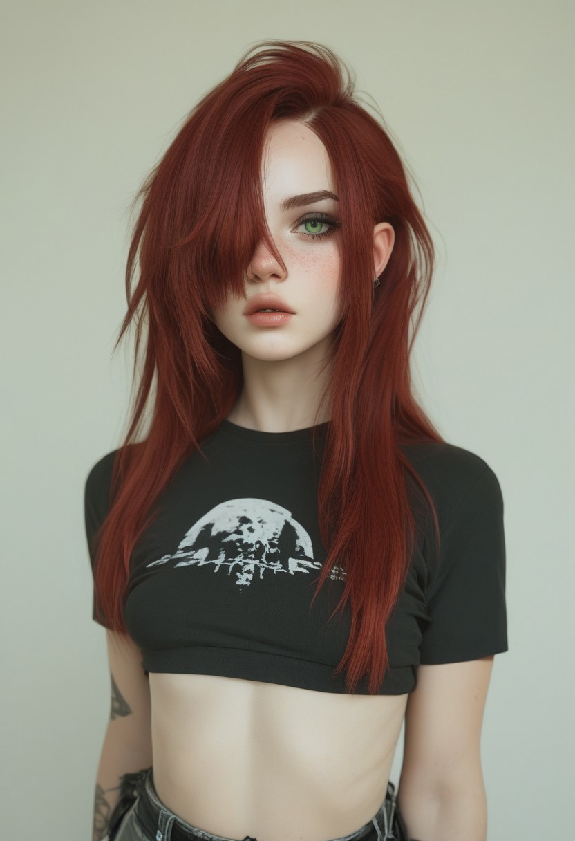 score_9, score_8_up, score_7_up, score_6_up, score_5_up, long hair, red hair, pale skin, freckles, goth, small breasts, natural green eyes, hair over one eye (((full clothed)))