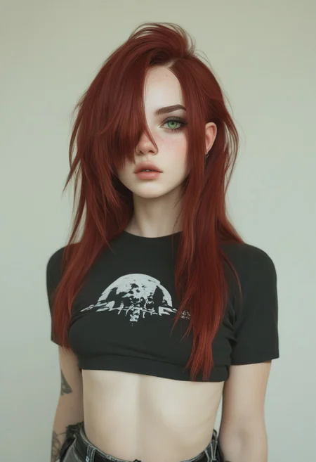 score_9, score_8_up, score_7_up, score_6_up, score_5_up, long hair, red hair, pale skin, freckles, goth, small breasts, natural green eyes, hair over one eye (((full clothed)))