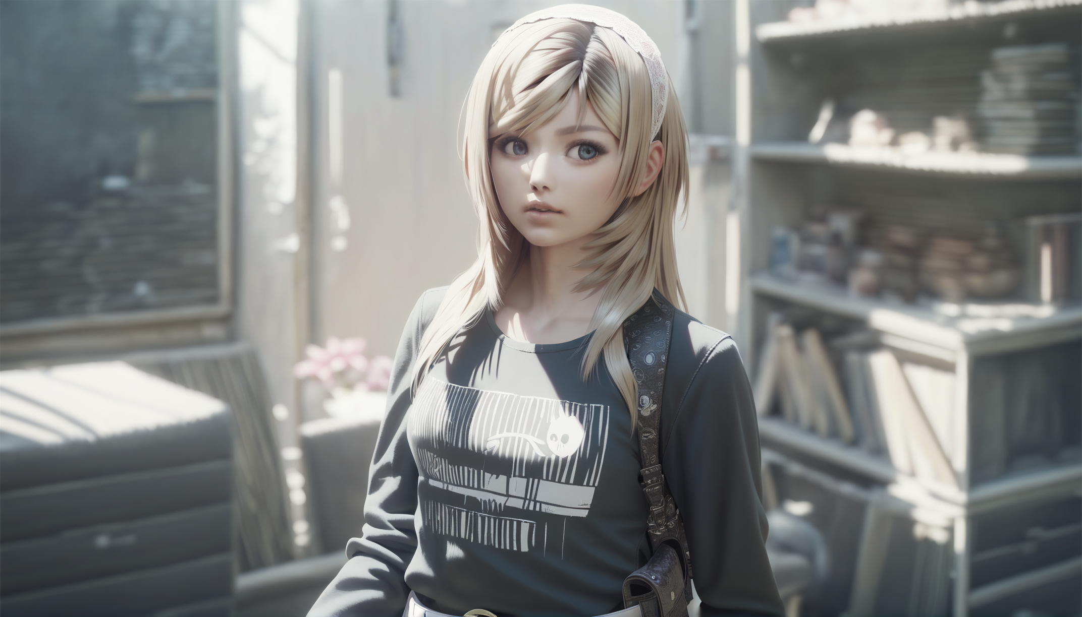 score_9,score_8_up,
realistic,(bloom:1.2),
<lora:leanne:1>,leanne,
1girl,solo,blonde hair,long hair,bangs,lace hairband with flower,blue eyes,eyes looking to the side,parted lips,facing viewer,black long sleeve shirt with characters on it,belt pouch,white belt,upper body,indoors,living room,