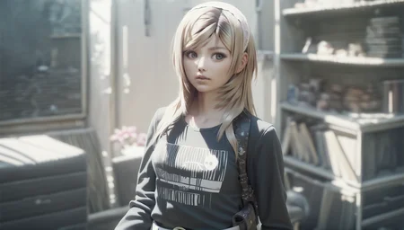 score_9,score_8_up,
realistic,(bloom:1.2),
<lora:leanne:1>,leanne,
1girl,solo,blonde hair,long hair,bangs,lace hairband with flower,blue eyes,eyes looking to the side,parted lips,facing viewer,black long sleeve shirt with characters on it,belt pouch,white belt,upper body,indoors,living room,