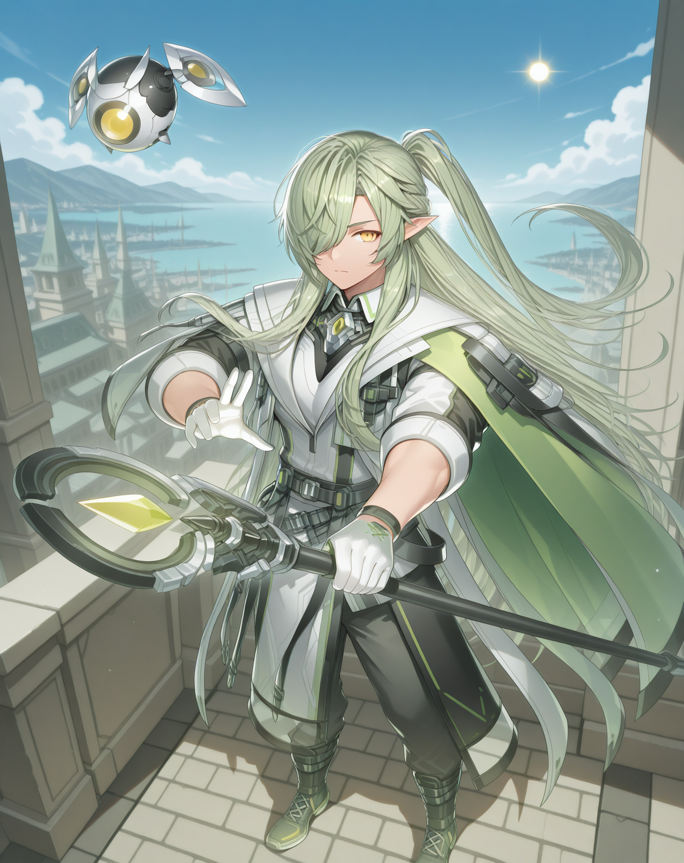 masterpiece, amazing quality, best quality, absurdres, very aesthetic,
1boy, solo, yaoi, male focus, full body, from above, standing, looking at viewer, face focus,
 <lora:Zero_T_FSI_ilxl:1>  zerotfsi, hair over one eye, green hair, pointy ears,yellow eyes, ponytail, half updo, elf, hair between eyes,sidelocks, one eye covered,
white gloves, black pants, boots, green cape, white coat, collared shirt, black belt, green footwear, green gemstone, grey pants, black footwear, green coat, brooch, short sleeves, two-tone gloves, gem, shoes, white shirt, vest, drone, orb, side cape, cloak, serious, cross-laced footwear, sleeves rolled up, jacket, multicolored coat,
holding staff, 
outdoors, day, blue sky, sun,