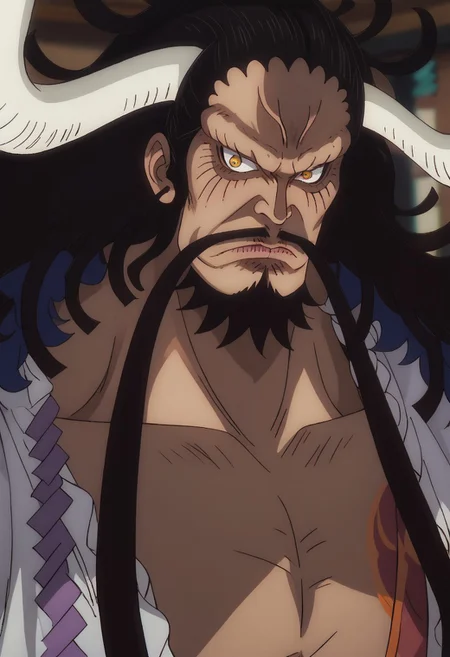 score_9, score_8_up, score_7_up, source_anime, rating_safe, KaidoOP, black_Kaido_facial hair, white_Kaido_horns, black_Kaido_hair, yellow_Kaido_eyes, 1boy, male focus, anime screencap,