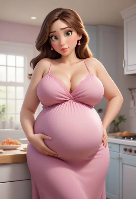 gorgeous 18-year-old beautiful Pixar caucasian full-figured innocent pregnant girl drawn in the style of a beautiful thick busty Pixar pregnant girl supermodel, shy blushing, sagging breasts wearing light blue tight spaghetti strap lounge dress, masterpiece, 8k quality, highly detailed, majestic, top quality, best quality, newest, intricate details, extremely beautiful, detailed face, perfect face, 1girl, sexy brown hair, beautiful eyes, standing upright pregnant pose, huge tits wearing light pink spaghetti strap lounge dress, thin, drawn like a sexy innocent Pixar girl, wearing cute pink spaghetti strap lounge dress, face red blushing embarrassed to be pregnant, sfw, cute makeup, shot from the waist up, image takes place inside of a kitchen, thick thighs, wide hips, flabby arms