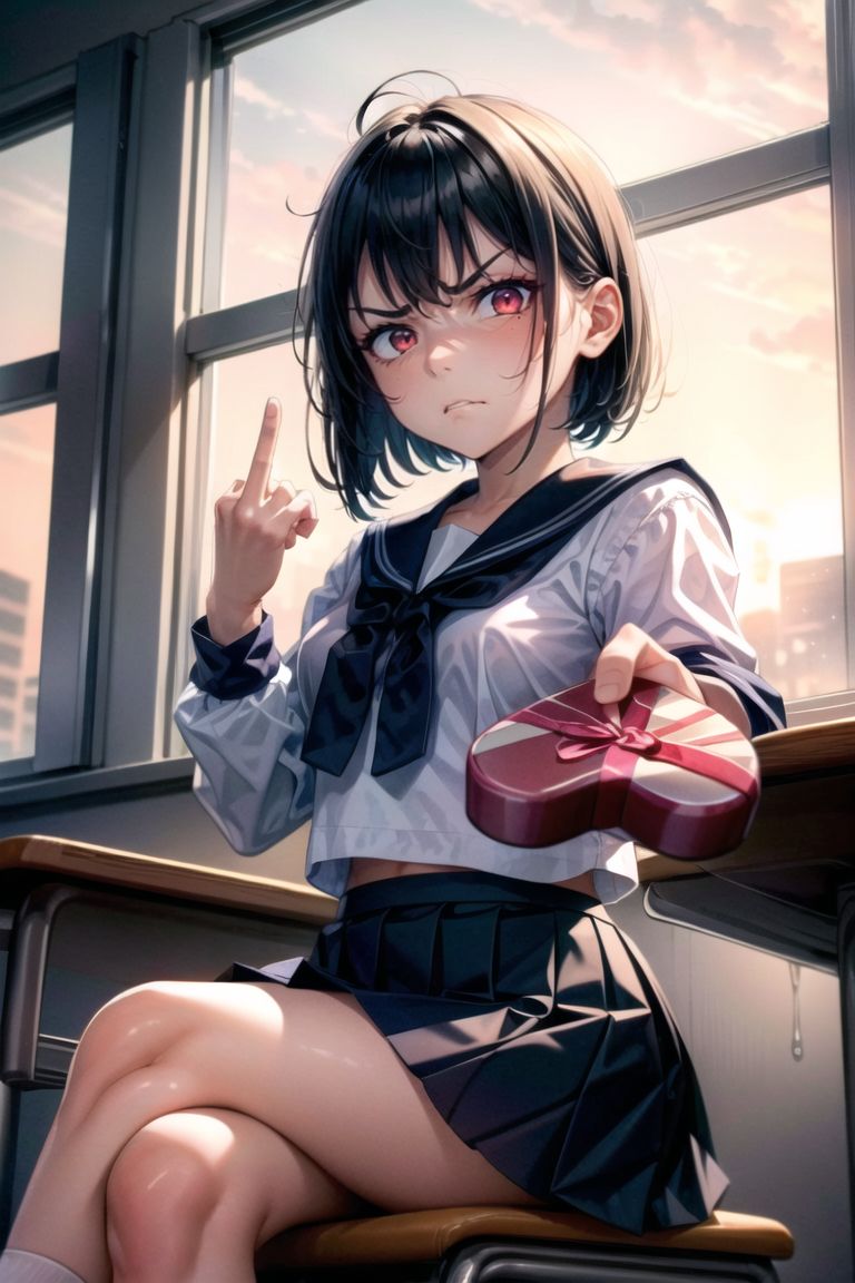 masterpiece, best quality, sunset, cowboy shot, view from below, 1girl, black hair, short hair, high ponytail, medium breasts, sitting on the desk, crossed legs, white sailor fuku, blue plate skirt, black socks, 
<lora:midfinger-left-v2-wasabiya:0.95>, middle finger,
 <lora:IncomingValentineGiftPOVOneHandV3:0.8>, IncrsGift, incoming gift,
 <lora:LookingDisgusted_V1:0.4> ((looking disgusted)), looking at viewer, ruby red eyes,
in the classroom,