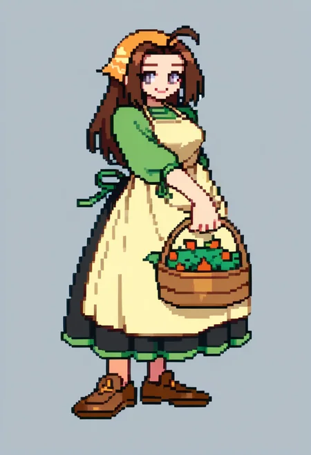score_9, score_8_up, score_7_up, source_anime, BREAK, solo, 1girl, smile, looking at viewer, <lora:CPS2-pdxl_Fp:1>, simple background, full body, pixel art, <lora:Celia-pdxl_Fp:1>, celiahm, brown hair, grey eyes, ahoge, long hair, bandana, green shirt, apron, skirt, brown footwear,