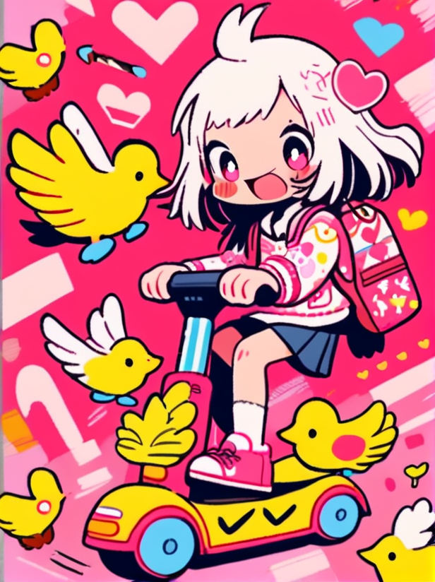 masterpiece, best quality,
cute doodle, 1girl,  ground vehicle, backpack, heart, shoes, fang, bird, white hair, hair ornament, open mouth, solo, bag, long sleeves, pink eyes, smile, motor vehicle, skirt, red background, riding, jacket, socks, medium hair, short hair, bangs, sneakers, blush
<lora:cutedoodle_XL-000012:0.8>