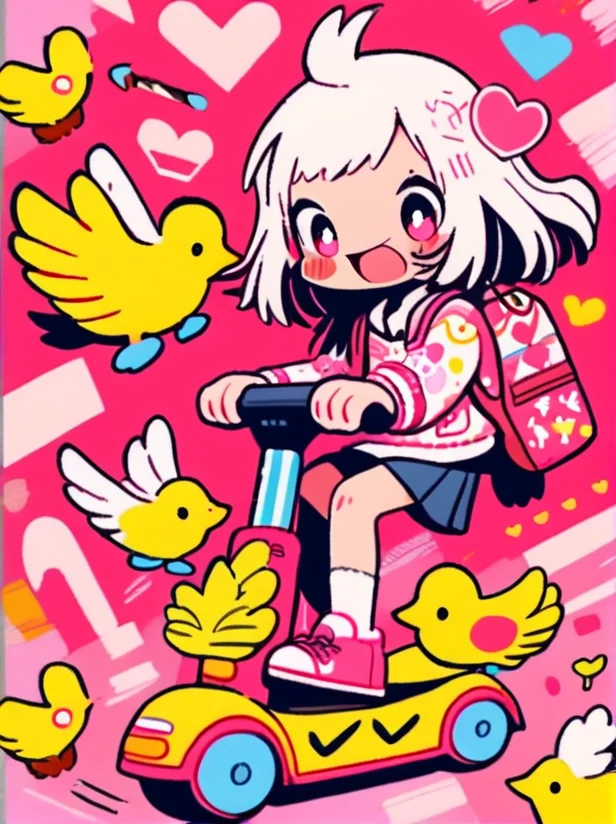 masterpiece, best quality,
cute doodle, 1girl,  ground vehicle, backpack, heart, shoes, fang, bird, white hair, hair ornament, open mouth, solo, bag, long sleeves, pink eyes, smile, motor vehicle, skirt, red background, riding, jacket, socks, medium hair, short hair, bangs, sneakers, blush
<lora:cutedoodle_XL-000012:0.8>