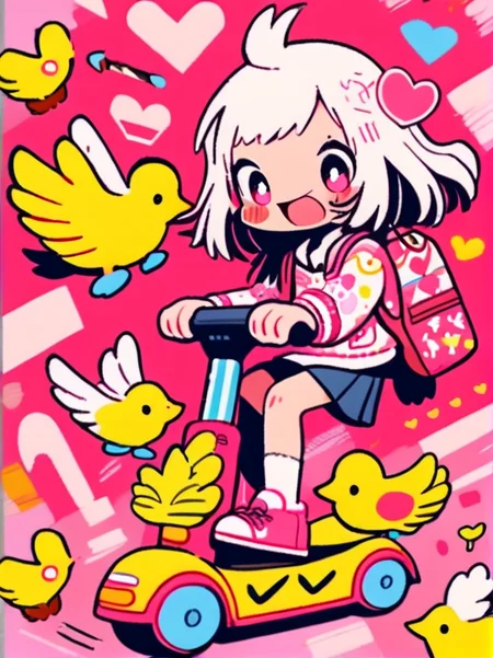masterpiece, best quality,
cute doodle, 1girl, ground vehicle, backpack, heart, shoes, fang, bird, white hair, hair ornament, open mouth, solo, bag, long sleeves, pink eyes, smile, motor vehicle, skirt, red background, riding, jacket, socks, medium hair, short hair, bangs, sneakers, blush
<lora:cutedoodle_XL-000012:0.8>